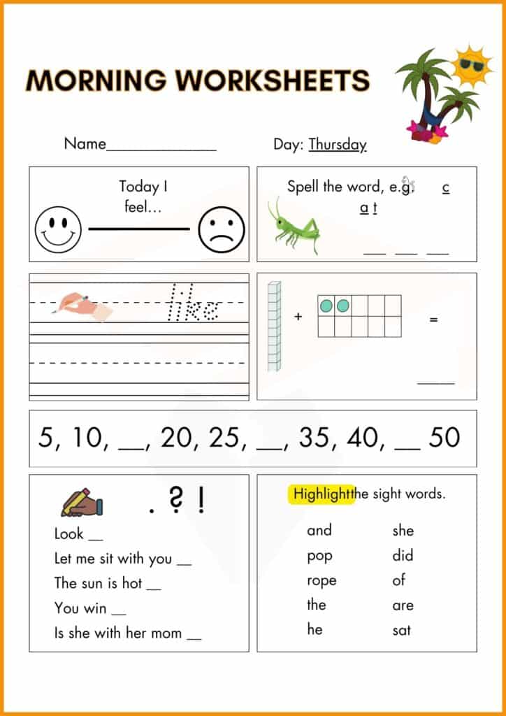 write the day of thursday morning worksheets 4