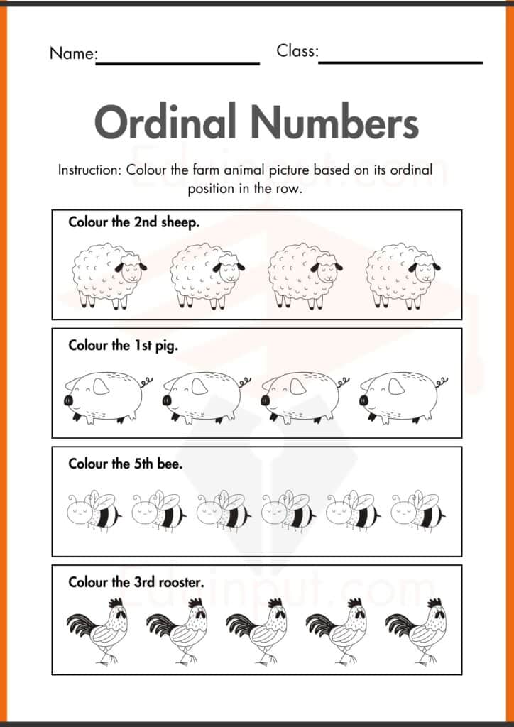 color the animal and picture Ordinal Numbers worksheets 2