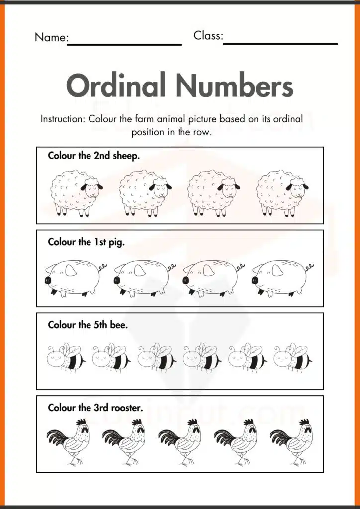 color the animal and picture Ordinal Numbers worksheets 2