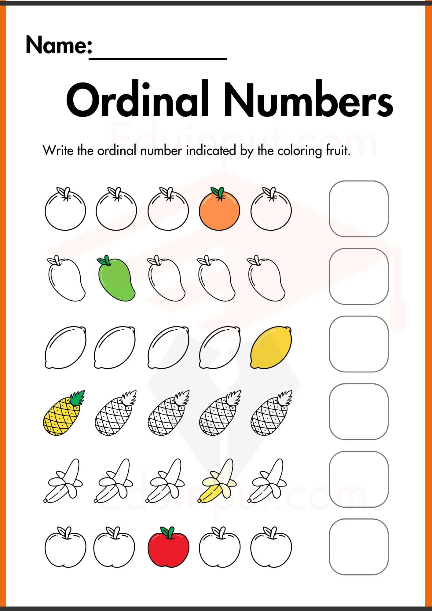 Ordinal Numbers worksheet for kindergarten