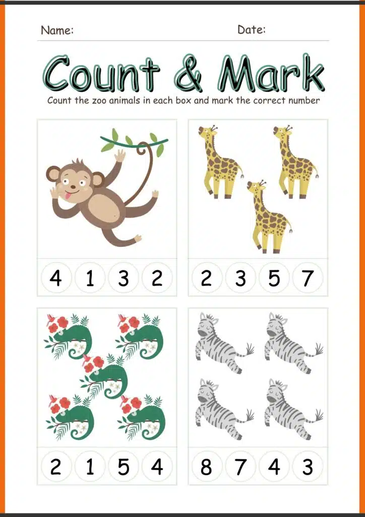 Count Mark zoo animal worksheets 2
