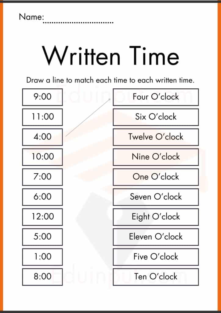 Draw a line to match each time to each written time. worksheets 4