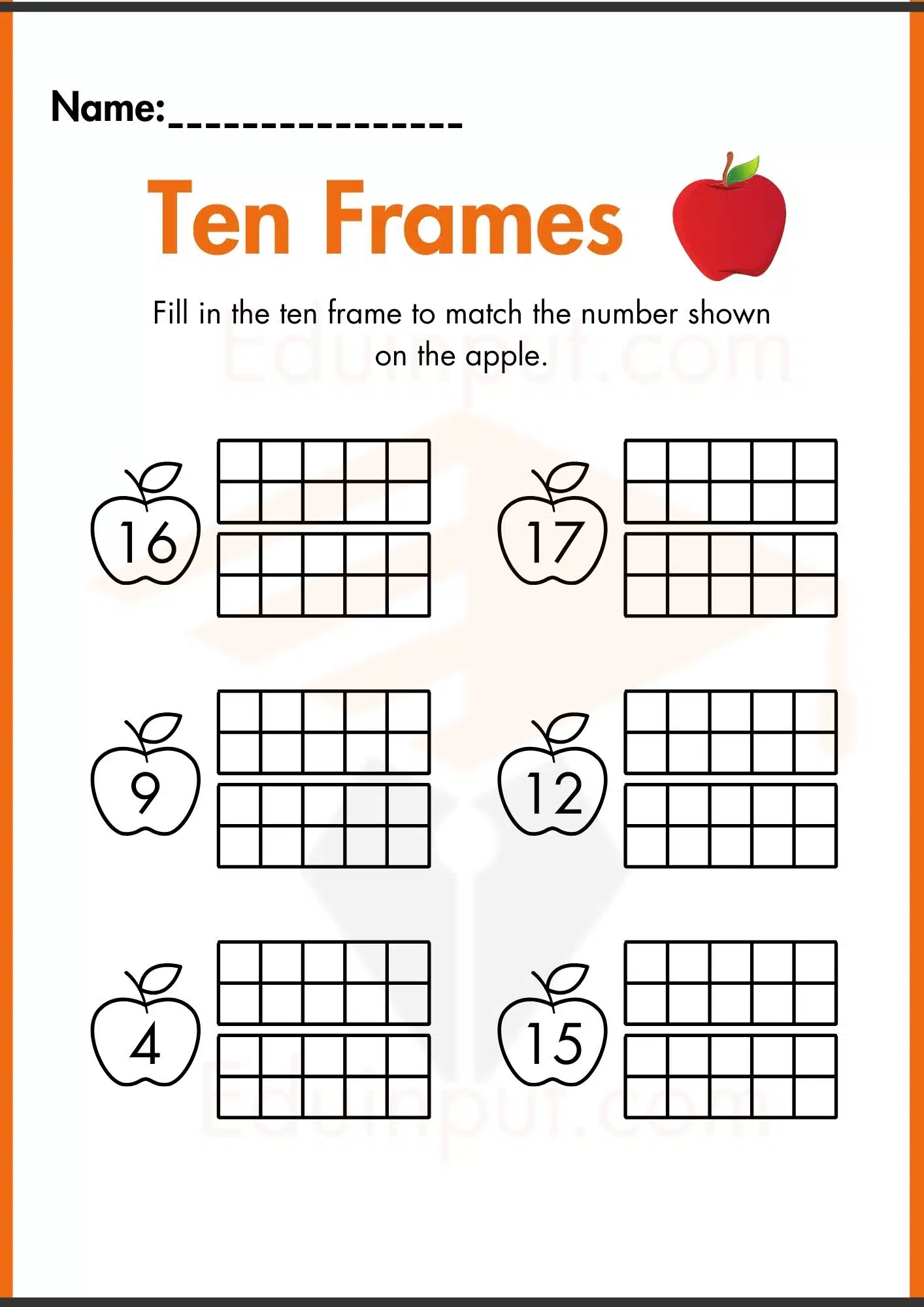Ten frame worksheets for kindergarten