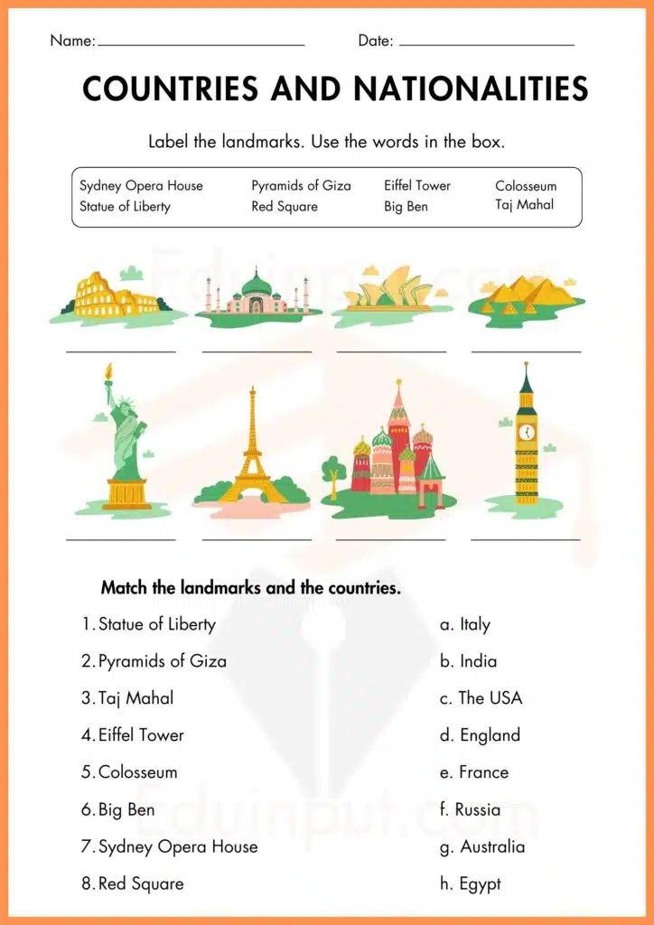 Label the landmarks countries and nationalities worksheets 4