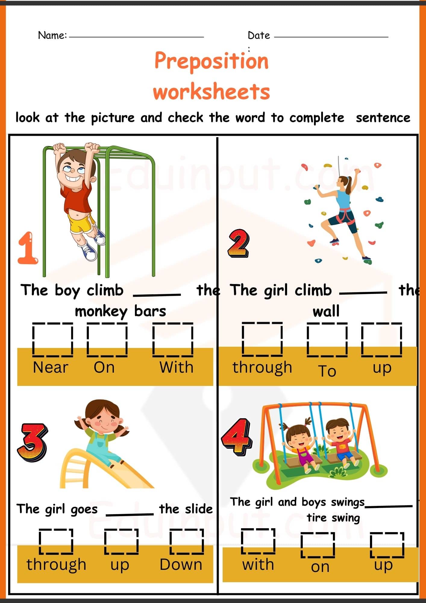 Preposition Worksheets for kindergarten