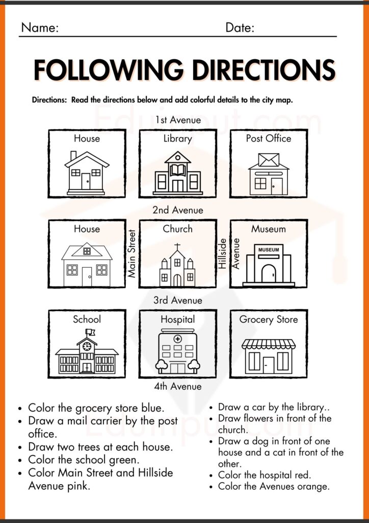 Read the directions below and add colorful details to the city map. worksheets 2