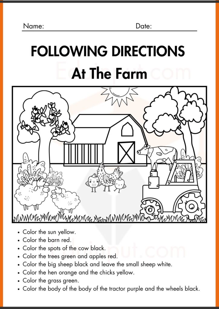 following directions at the farm worksheet kindergarten 3