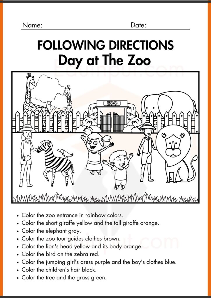 following directions day at the zoo worksheet kindergarten 4