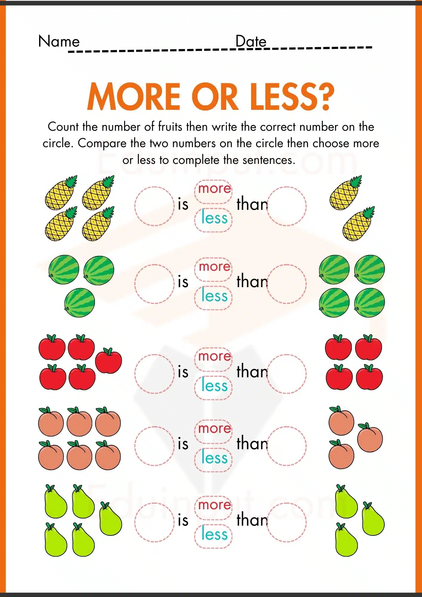 More or less worksheets for kindergarten