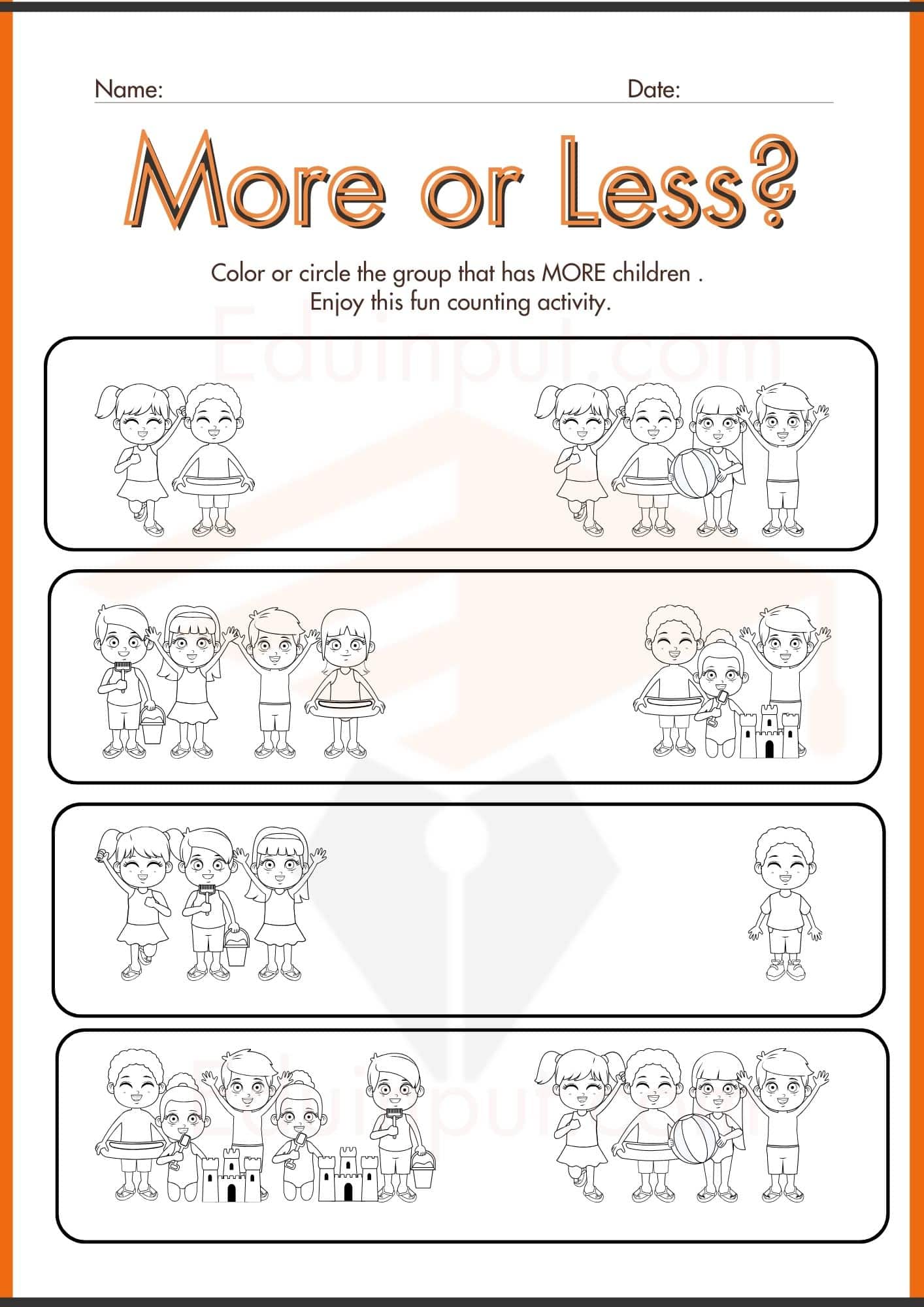 More or less worksheets for kindergarten