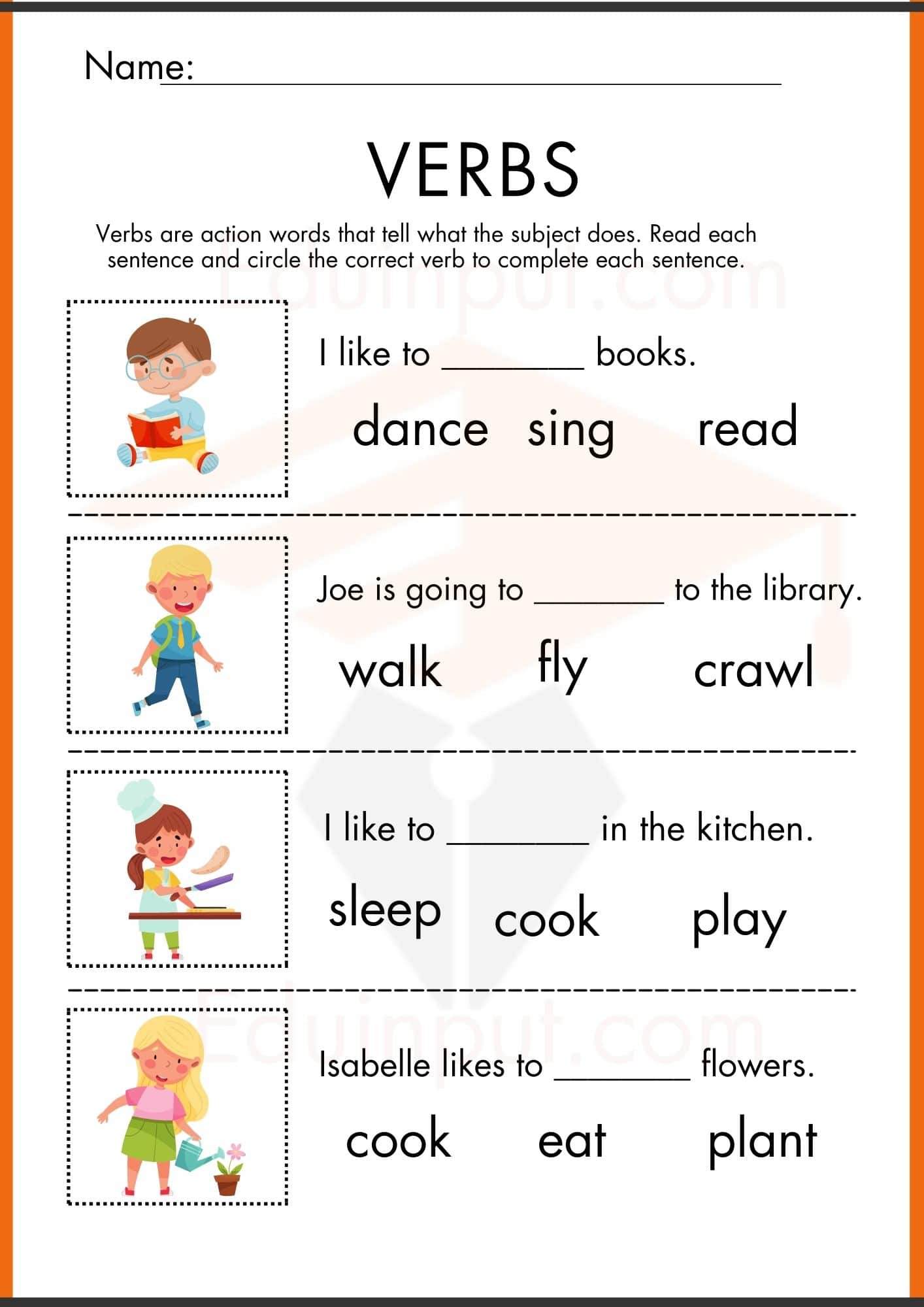 Verbs Worksheets for Kindergarten
