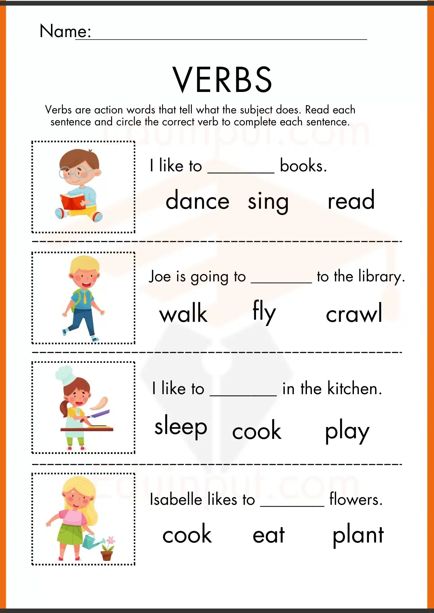 Verbs Worksheets for Kindergarten