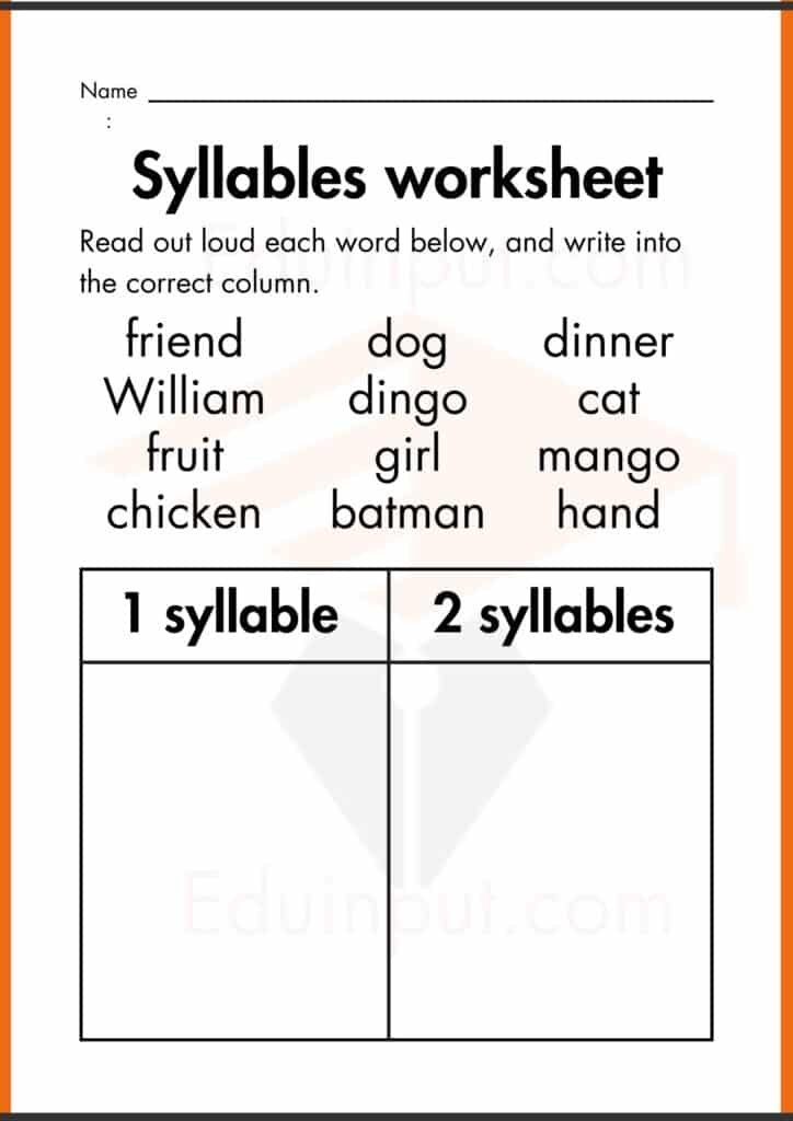 write into the correct column. syllables worksheet 3