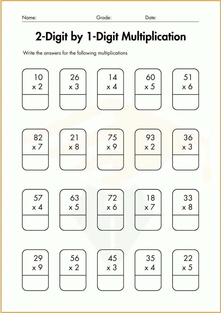 image showing 2-Digit by 1-Digit Multiplication worksheet