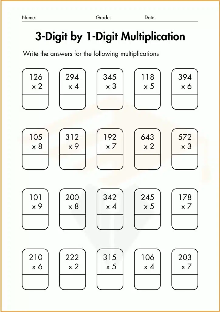 image showing 3-Digit by 1-Digit Multiplication worksheet