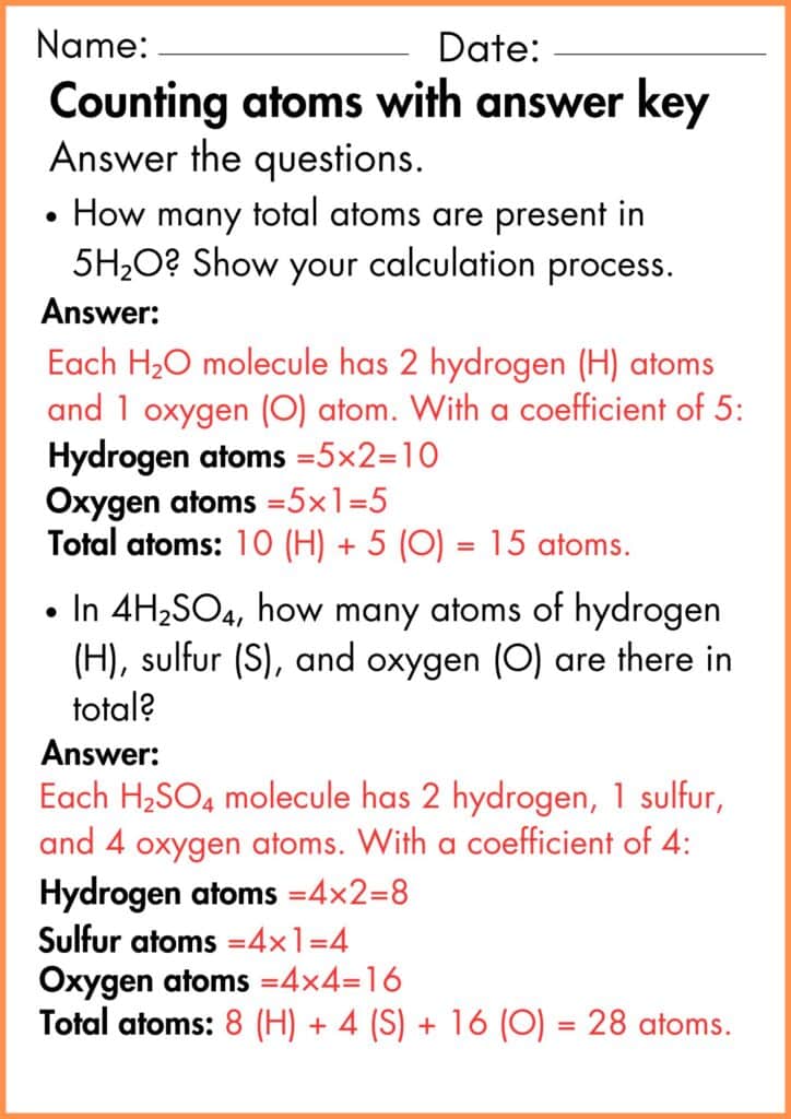 Answer the questions. Counting atoms worksheet answer key