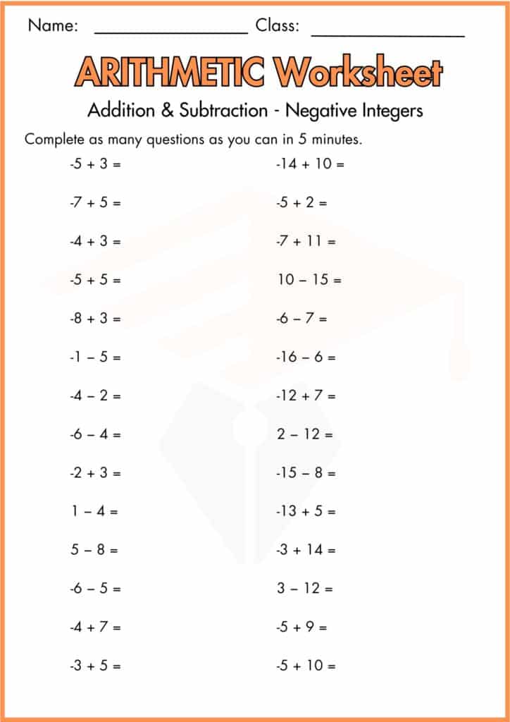 Image showing Arithmetic worksheet. Addition and subtraction integers