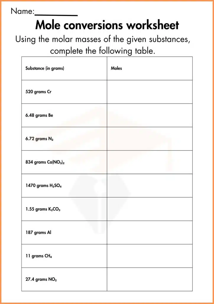 image showing Complete the following table mole-mole conversions worksheet