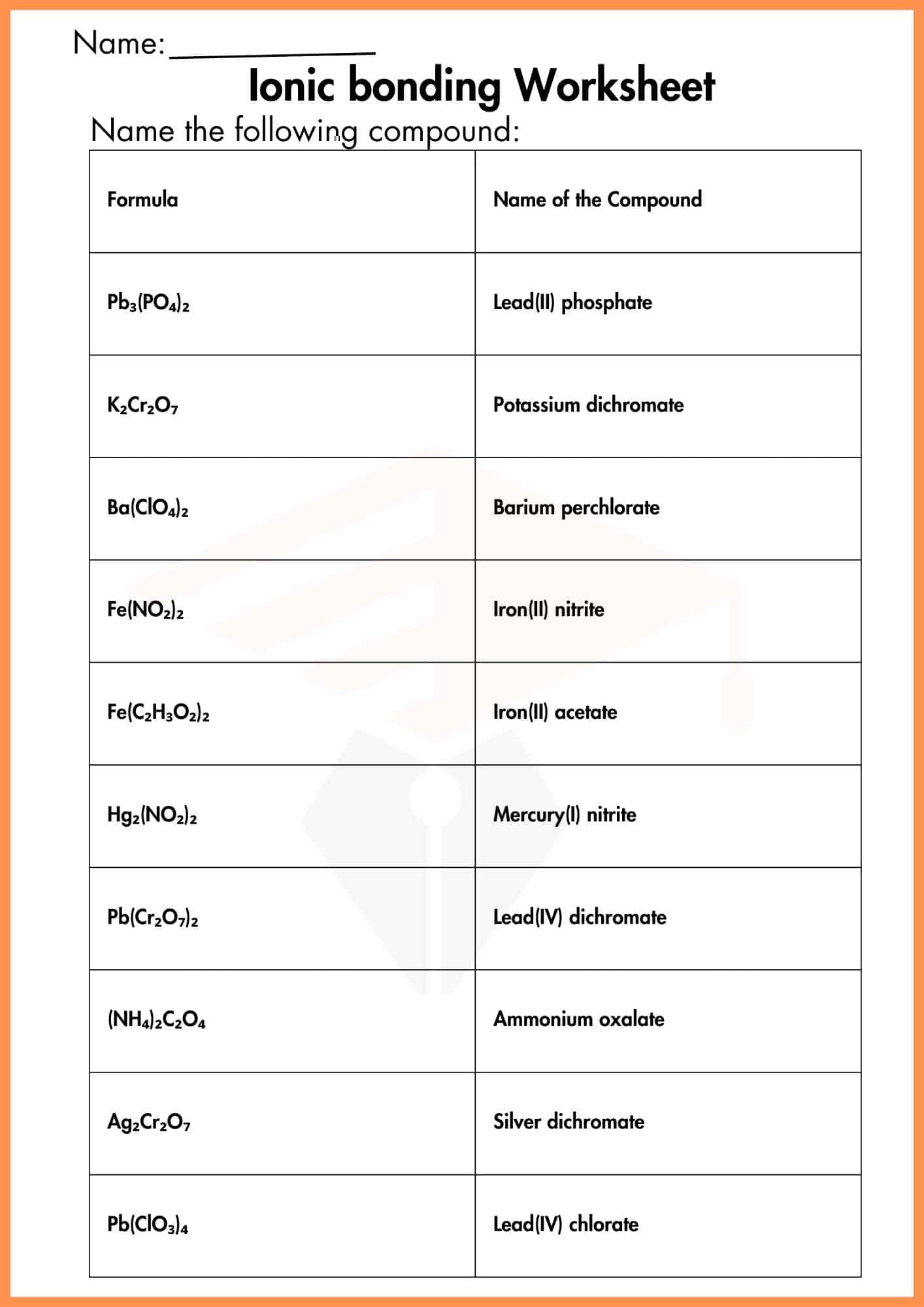 Ionic Bonding Worksheet