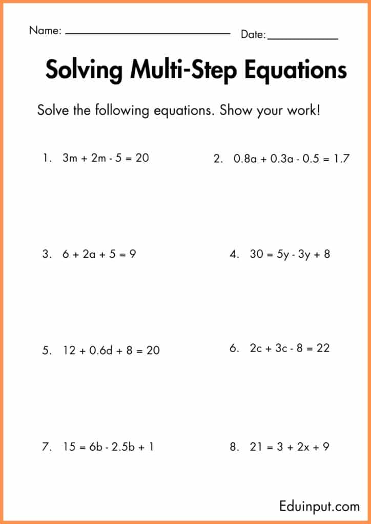 image showing Solve the following equations worksheet