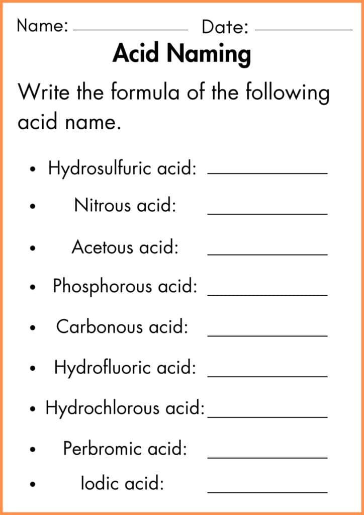 image showing Write the formula of the acid name worksheet