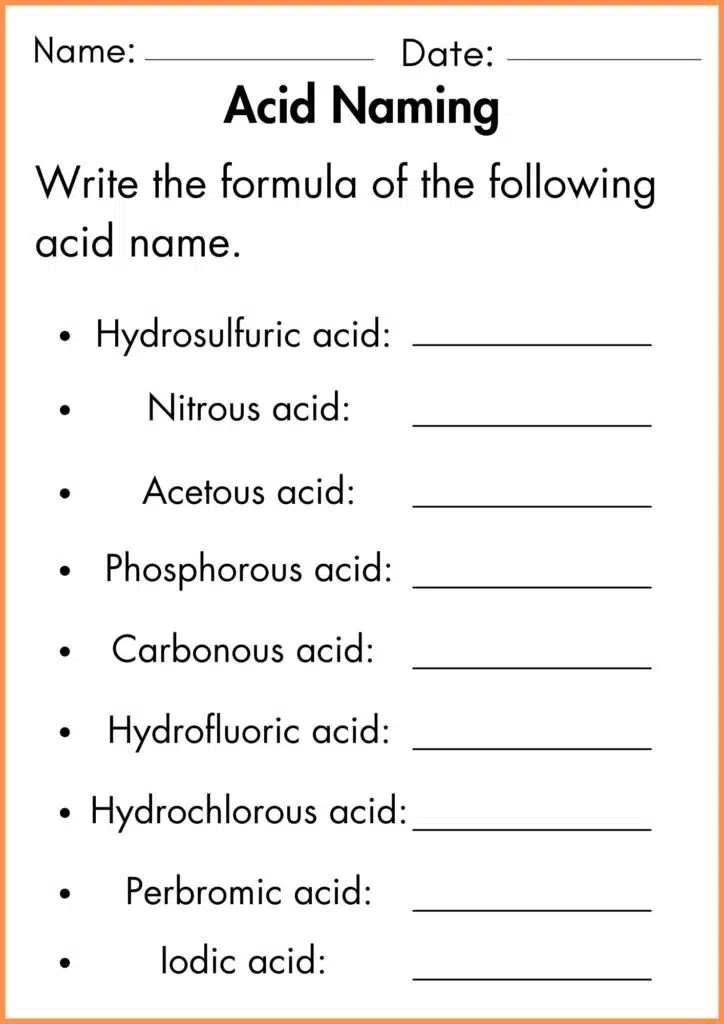 image showing Write the formula of the acid name worksheet