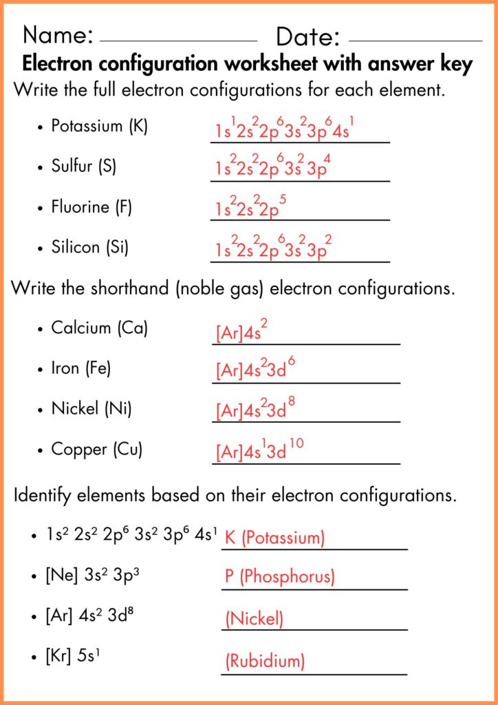 image showing Write electron configurations for each element worksheet