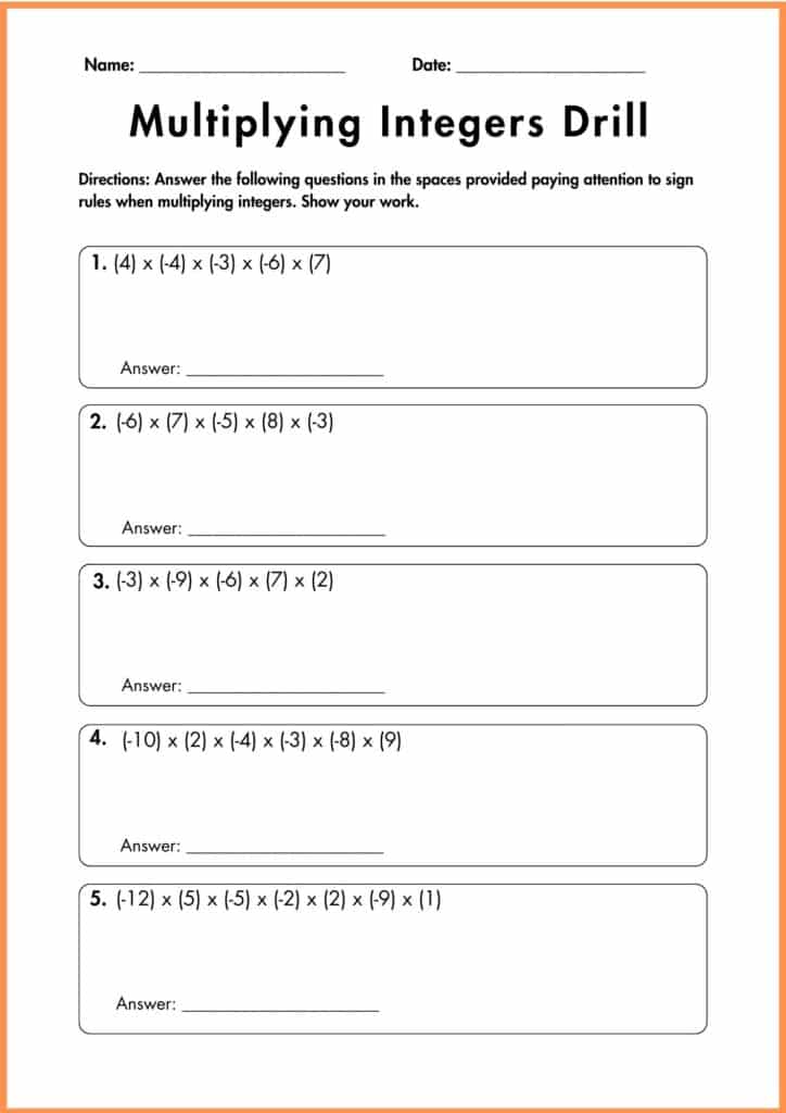Image showing Multiplying Integers Drill worksheet