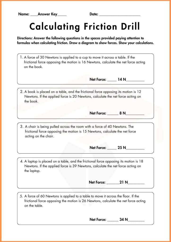 image showing answer the following question Calculating Friction Drill worksheet