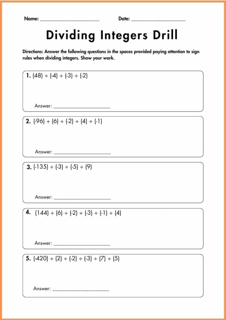 image showing Dividing Integers Drill worksheet