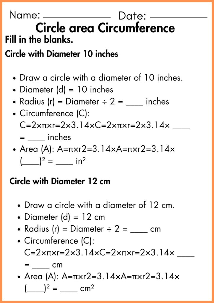 image showing fill in the blanks circle area circumference worksheet