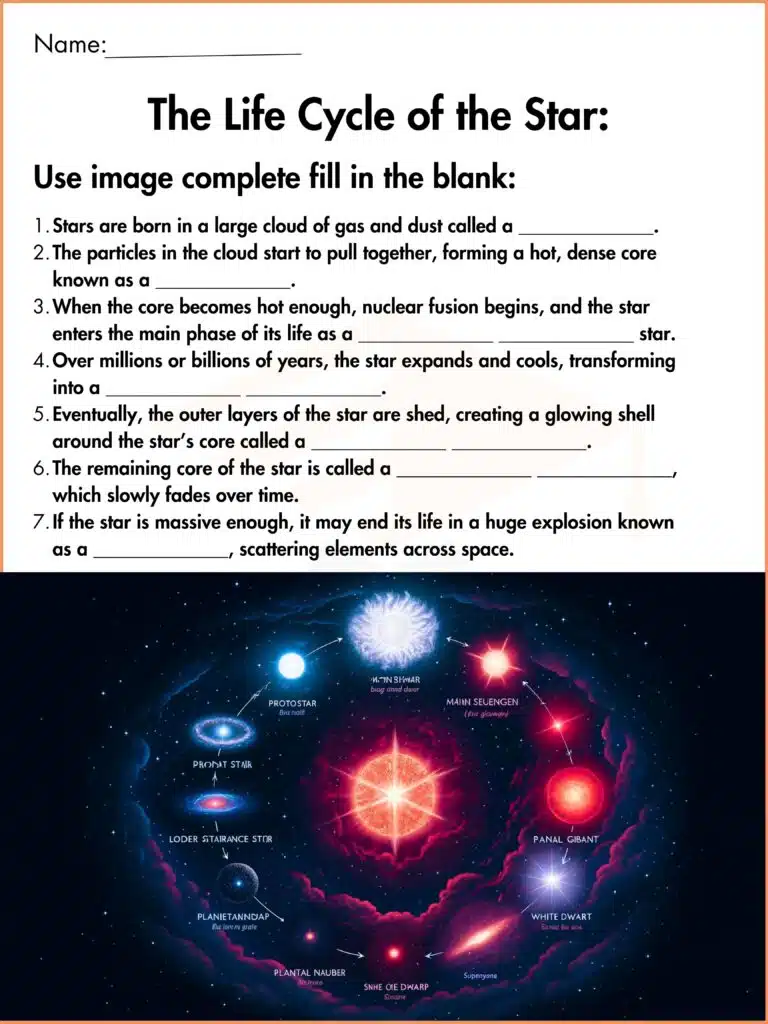 fill the blank life cycle of the stars worksheet