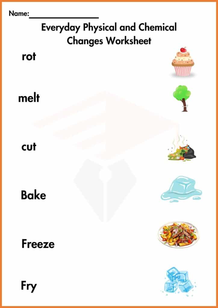 image showing matching Everyday Physical and Chemical Changes Worksheet