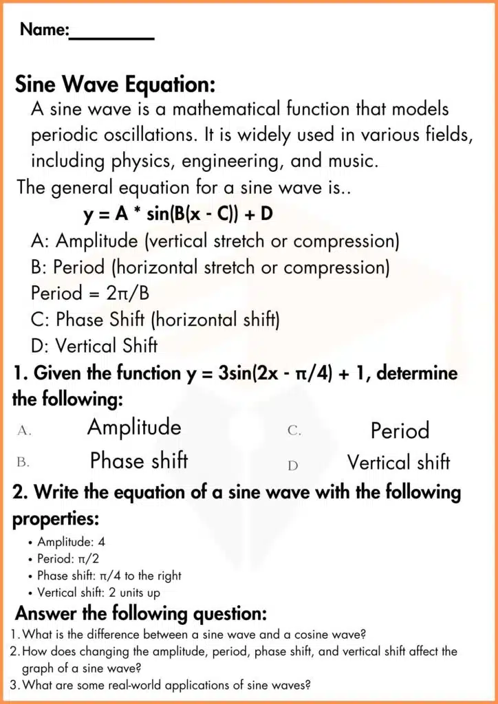 image showing sine wave solve Equation worksheet