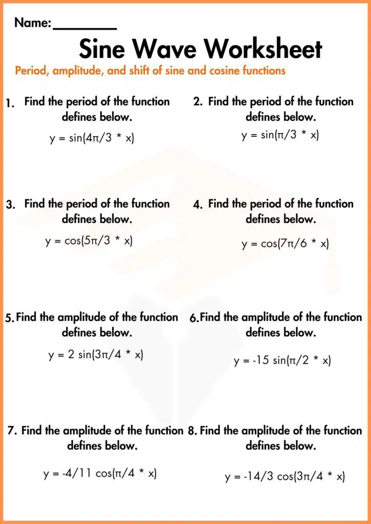 image showing sine wave worksheet write period amplitude and shift