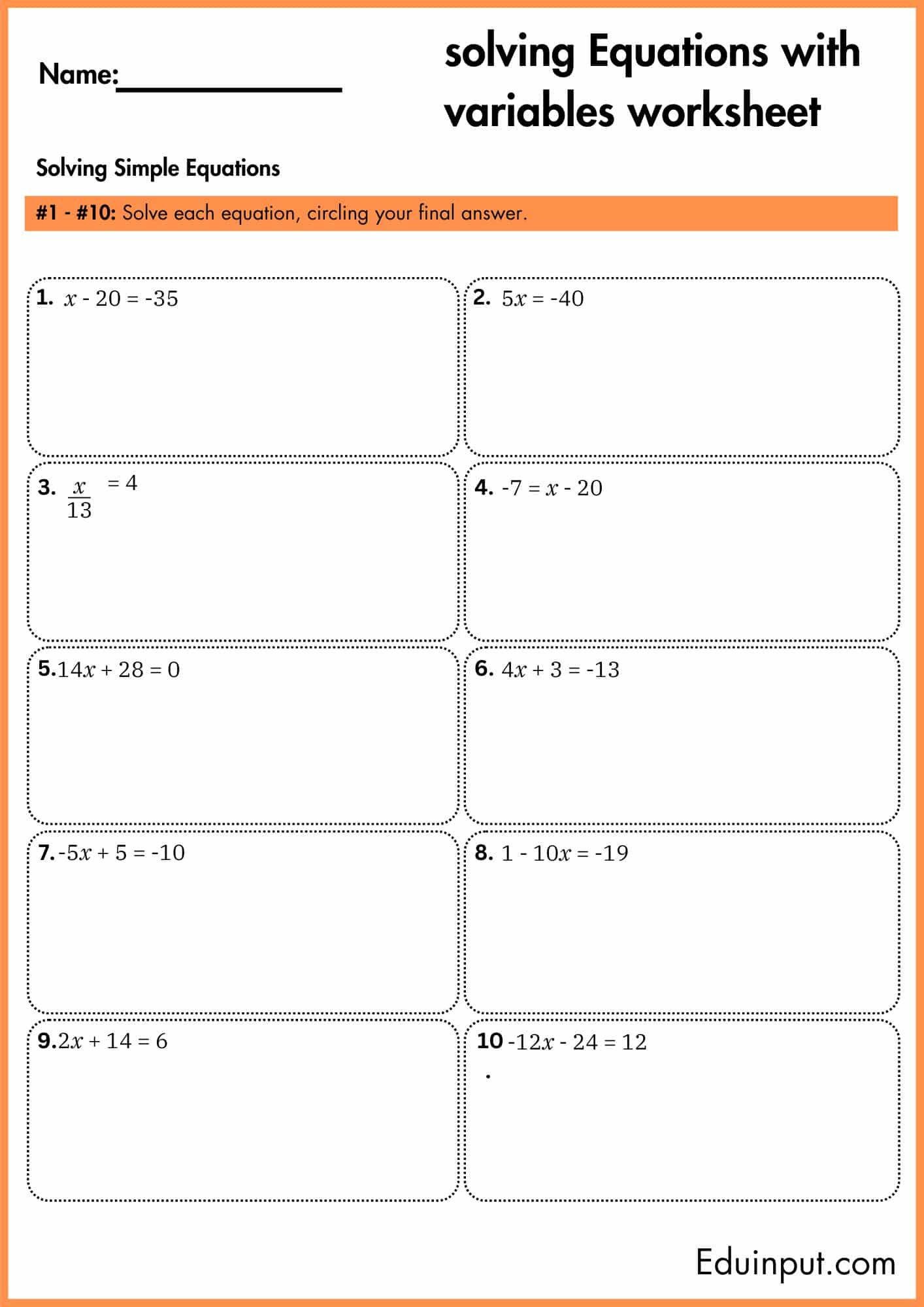 Solving Equations with Variables on Both Sides Worksheets