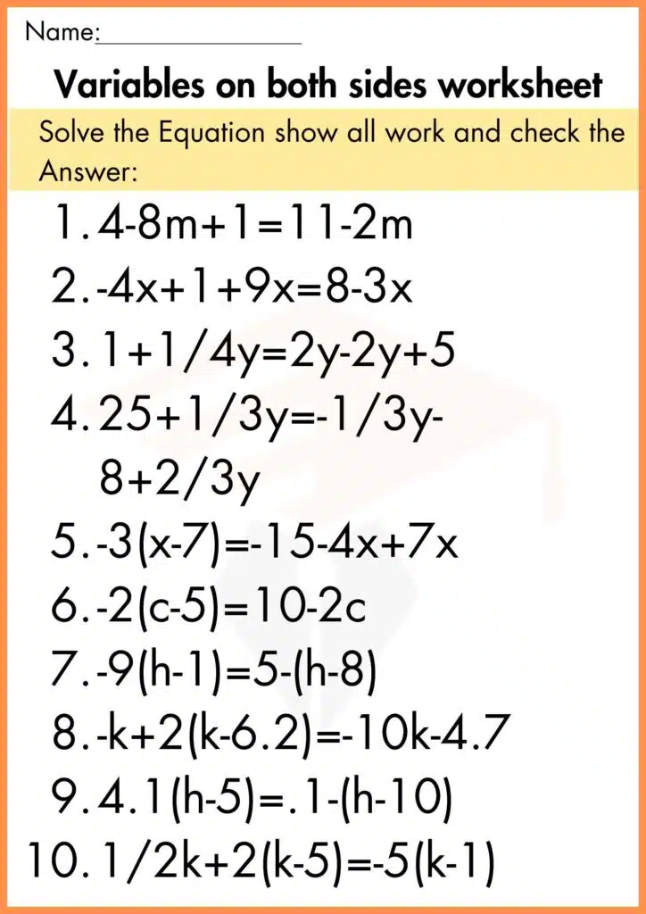 image showing solve Equation variables on both sides worksheet
