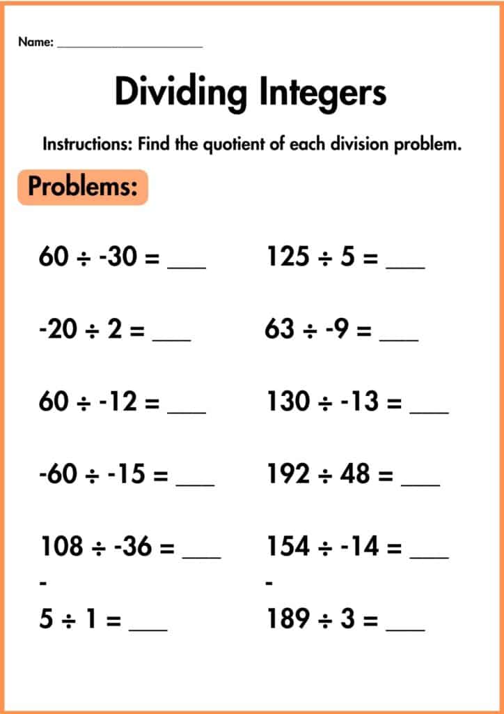 image showing solve problem dividing integers worksheets