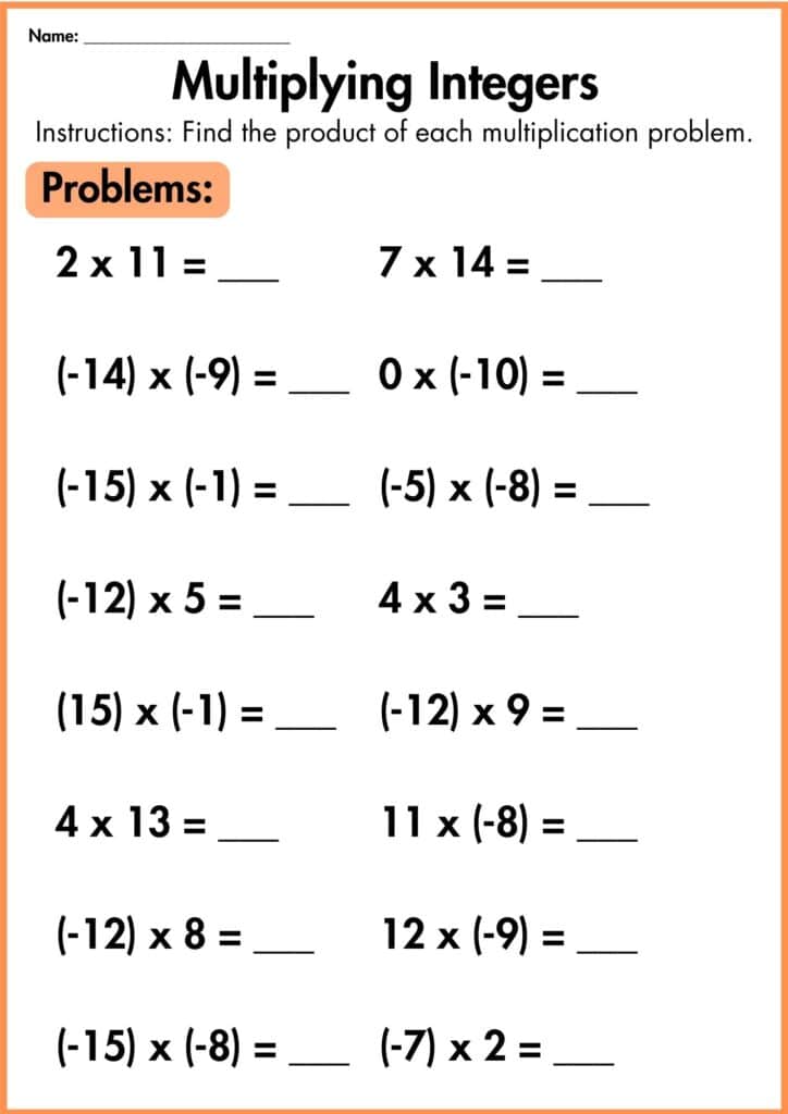 solve problem multiplying integers worksheet