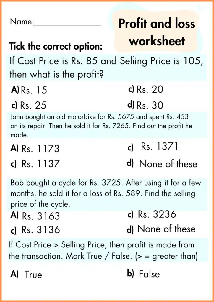 image showing solve quiz Profit and loss worksheet