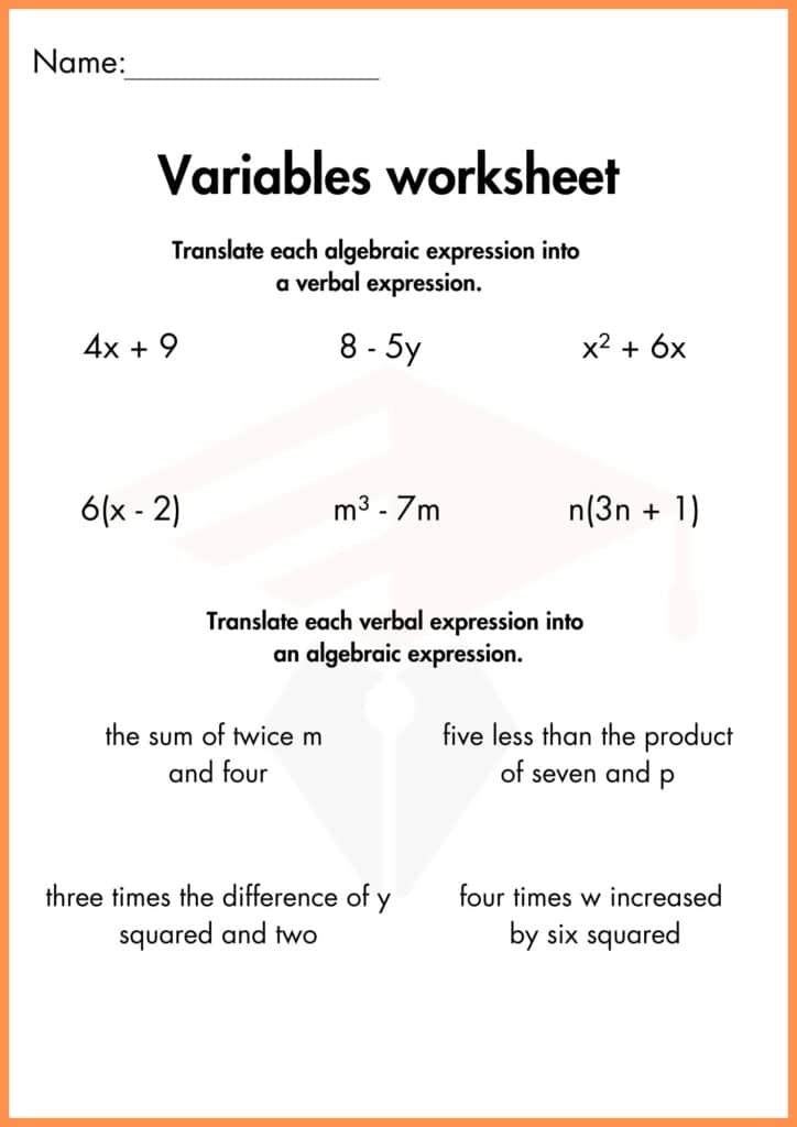 image showing solve the Algebraic and verbal expression worksheet