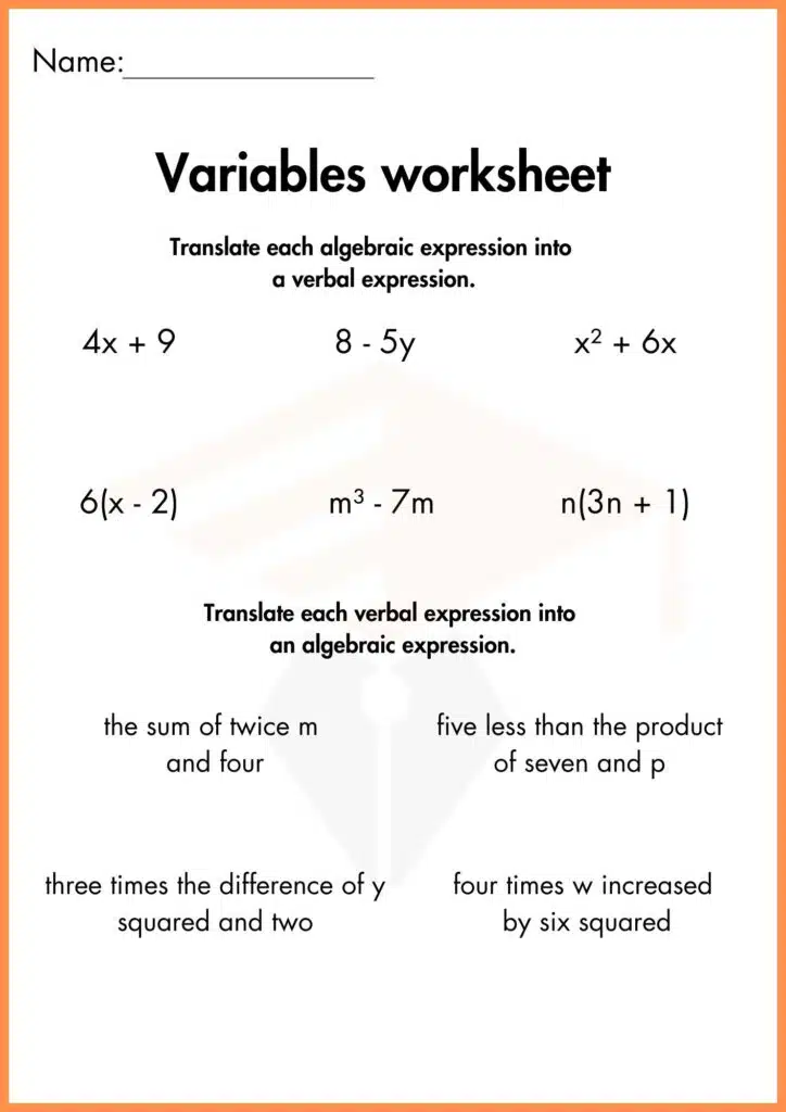 image showing solve the Algebraic and verbal expression worksheet