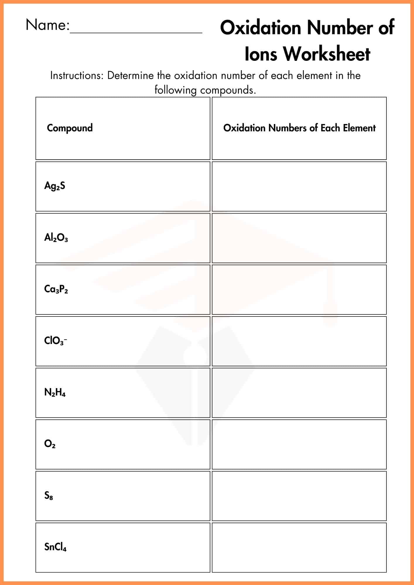 Oxidation Numbers Worksheet