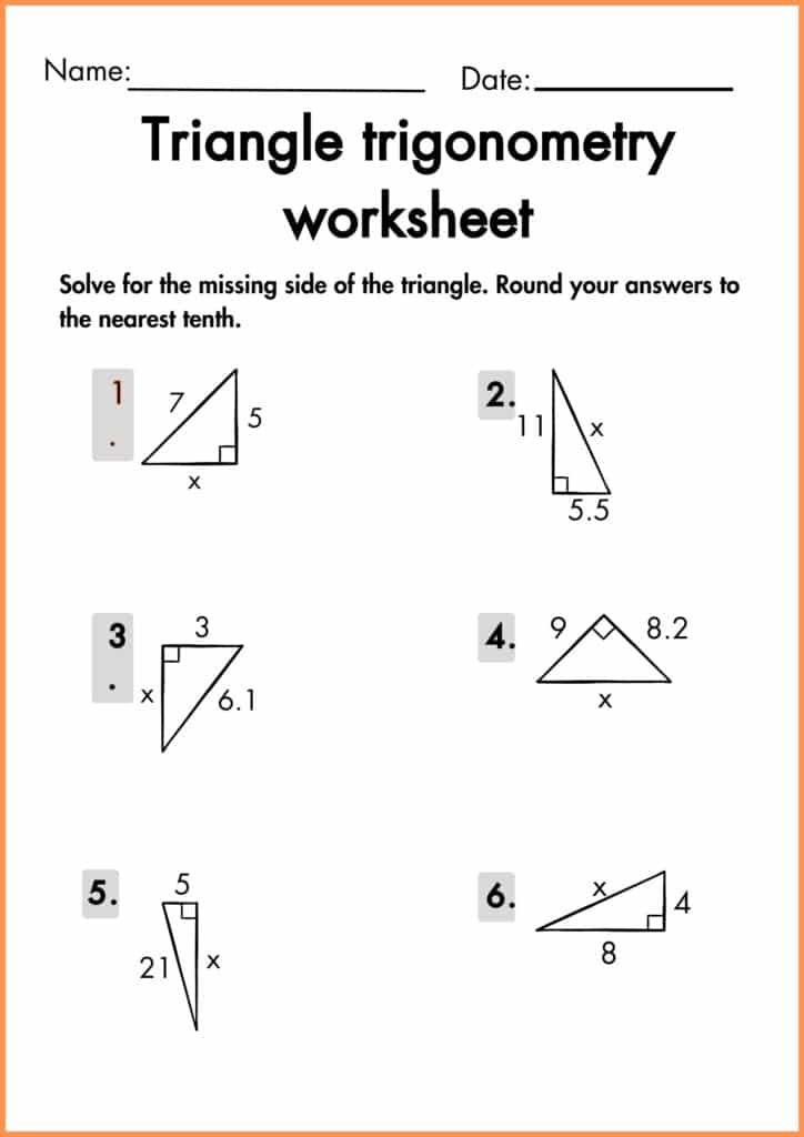 image showing missing angel right triangle trigonometry worksheet