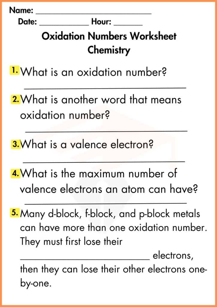 Image showing oxidation numbers question worksheet