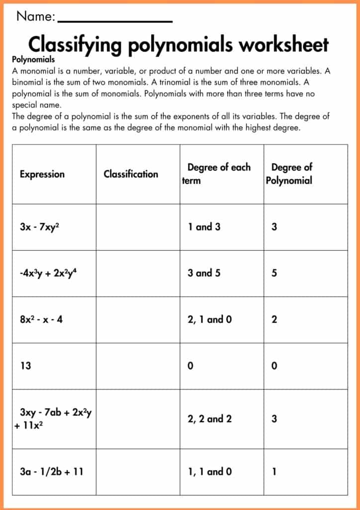 image showing write Classifying polynomials worksheet
