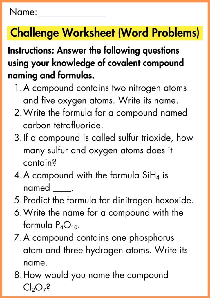image showing Challenge Worksheet (Word Problems) names & formulas for ionic compounds worksheet 
