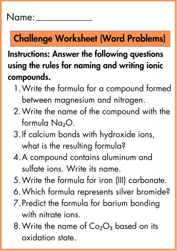 image showing Challenge Worksheet (Word Problems) names & formulas for ionic compounds worksheet 