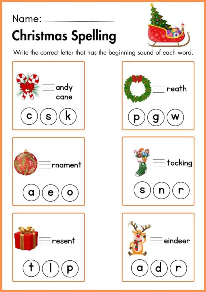 Image showing write the correct letter christmas spelling worksheet