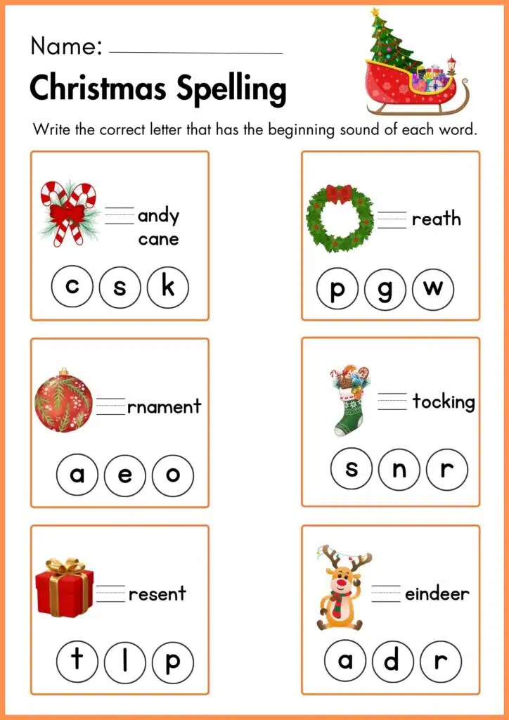 Christmas Spelling beginning sound worksheet 4